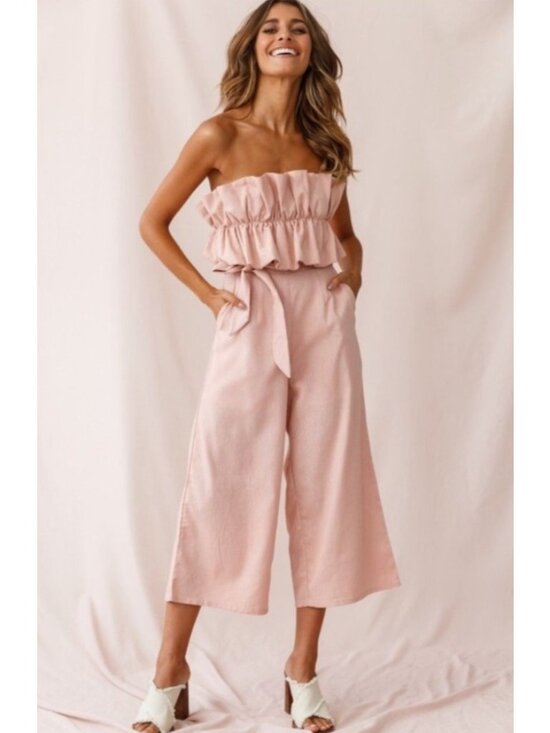 saints + secrets Pants - NEW Saints + Secrets Linen Wide-Leg Crop Jumpsuit Ruffle Strapless Blush Small